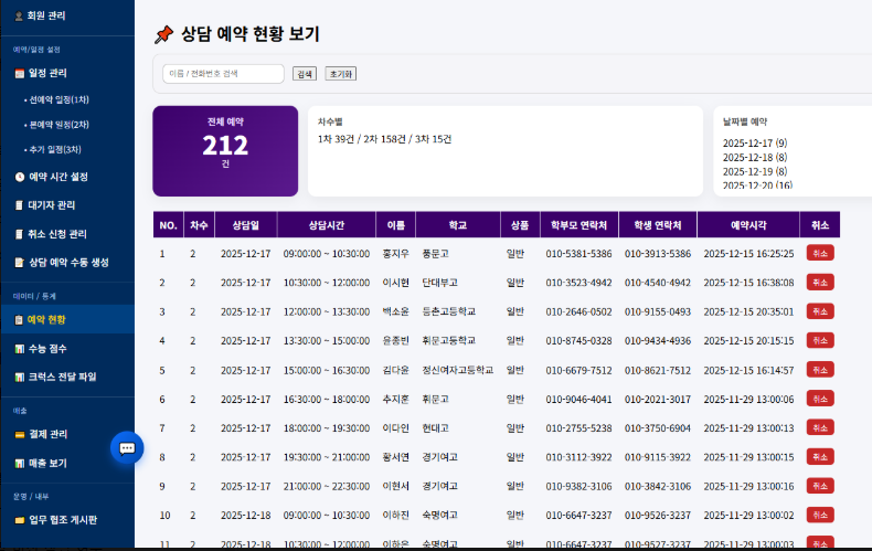 CRUX 정시 상담 시스템 구축 화면